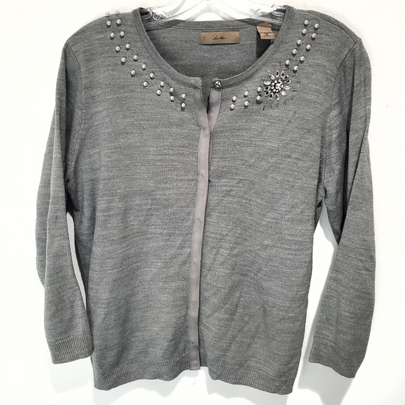 i.e. Grey Long Sleeve Snap Closure Cardigan Sweater Size M Embellished Neckline - Picture 6 of 9